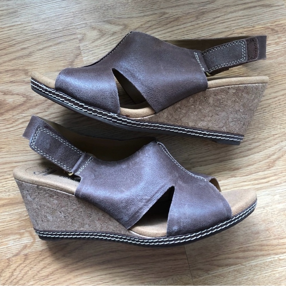 Clarks Collection Brown Suede Cork Wedge Sandals